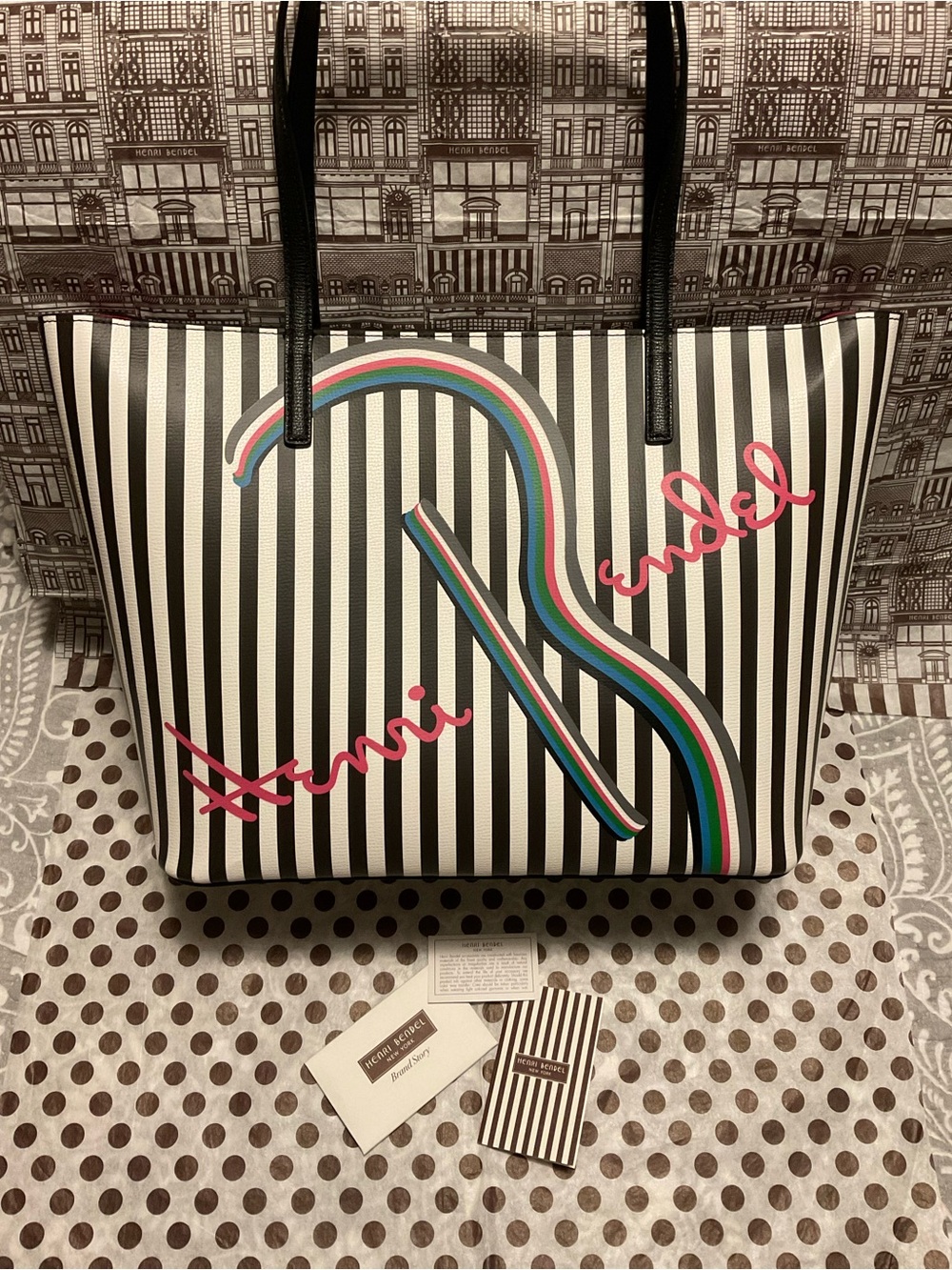 Henri Bendel Centennial Stripe “About Town” Tote Neon Pastel Pop Art Logo